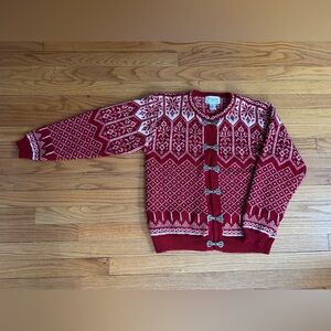 Vintage Talbots 100% Wool Red and White Fair Aisle Cardigan Sweater